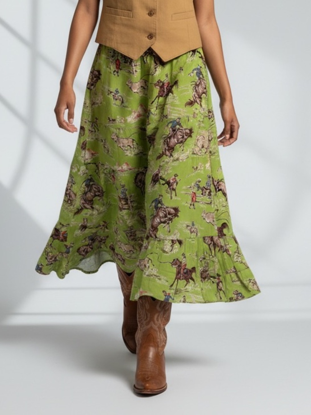 Ivy Jane Western Cowboy Skirt Rodeo Boho A-Line Green Sz S Montana Horses